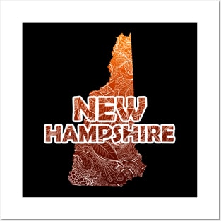 Colorful mandala art map of New Hampshire with text in brown and orange Posters and Art
